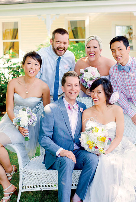 blue and lavender preppy style wedding party