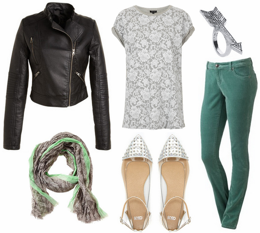 Moto jacket, cords, lace print tee, scarf